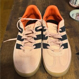 adidas Pink Suede Sneakers with Black Stripes and Orange Lining